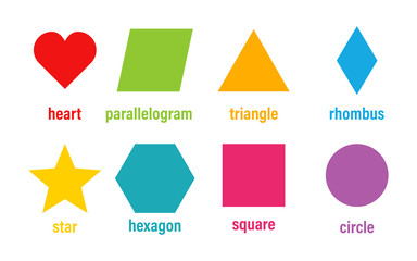 Poster - Geometric basic shapes vector isolated colored element design. Abstract geometric frame. Badges colored icon banners or tags. Vector shapes set.