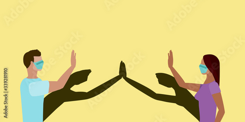 Photographie Social distancing greeting concept vector where two people high five at a distan