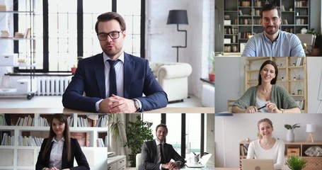 Wall Mural - company boss leading online meeting communicating with business team distance working from home offi