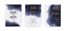 Set Of Royal-blue Watercolor Style Wedding Cards, Invitation Template. Starry Night With Drops Of Stars.