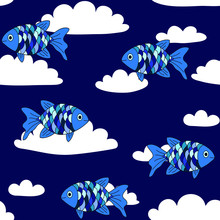 Blue Cartoon Fish In The Blue Sky: Fantasy Seamless Pattern. Vector Graphics.