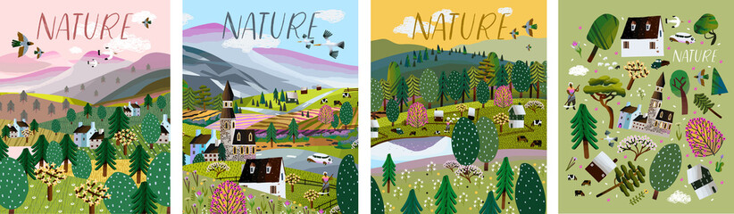 Wall Mural - Nature. Vector illustration of a summer and spring landscape, mountains, trees, forest, houses and a village. Drawing of a European village and a village for a poster, background or postcard
