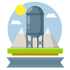 Water tower. Communication system of small town. Industrial tank. Farm building and green rural landscape with trees. High cylinder and barrel. Cartoon flat illustration