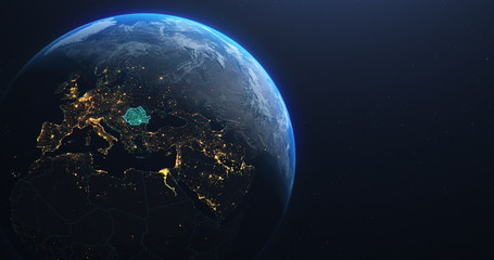 Wall Mural - romania map from outer space, teal highlight planet earth technology, 3d illustration, elements of t