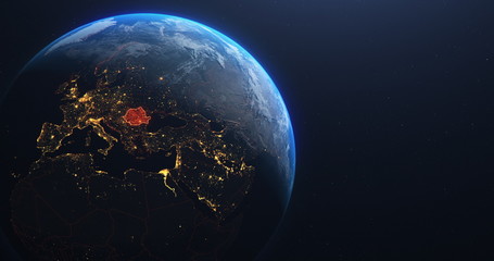 Wall Mural - romania map from outer space, red highlight planet earth technology, 3d illustration, elements of th