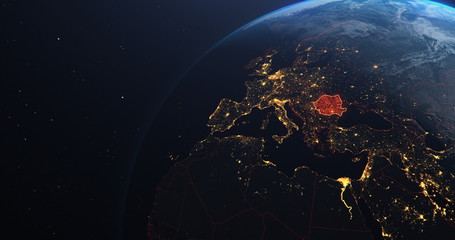Wall Mural - romania map from outer space, red highlight planet earth technology, copy negative space, 3d illustr