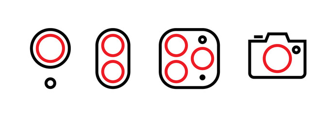 Wall Mural - Set of one, dual, three lenses and a camera icons. Editable line vector.