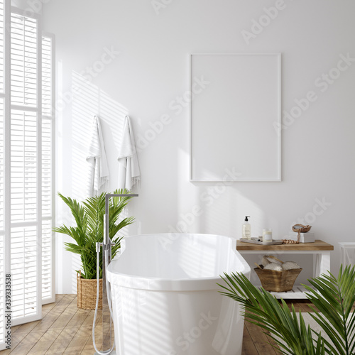 Cuadros en Lienzo Poster mockup in white cozy bathroom interior background, 3d render