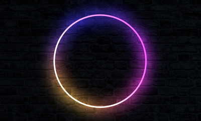 Empty Circle Neon Sign on brick wall with illumination. 3D Rendering