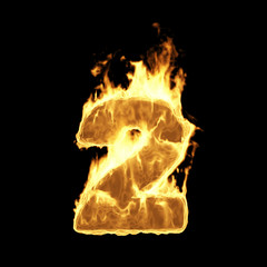 Wall Mural - burning flame of fire numbers isolated on black background (number 2). 3d rendering