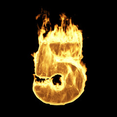 Wall Mural - burning flame of fire numbers isolated on black background (number 5). 3d rendering