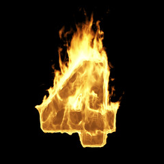 Wall Mural - burning flame of fire numbers isolated on black background (number 4). 3d rendering