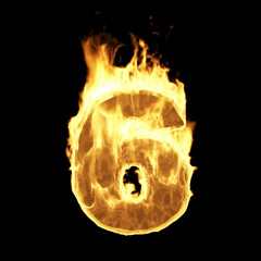 Wall Mural - burning flame of fire numbers isolated on black background (number 6). 3d rendering