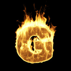 Wall Mural - burning flame alphabet. fire letters isolated on black background (letter g). 3d rendering