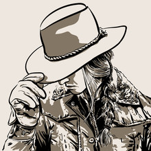 Woman With A Cowboy Hat. Hand Drawn Vector 