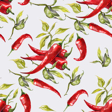 Seamless Watercolor Red Hot Chili Peppers Background Pattern. Hand Drawing Chilli