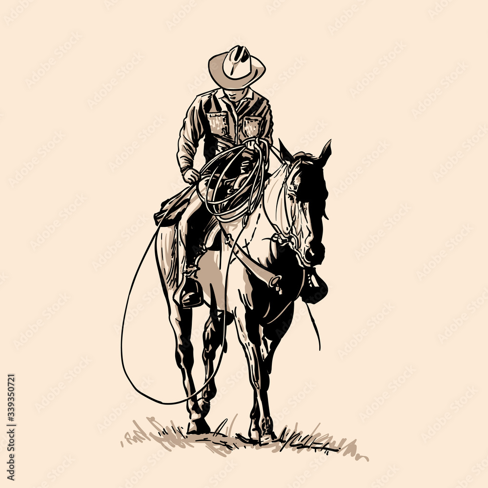 American cowboy riding horse and throwing lasso.  - obrazy, fototapety, plakaty 