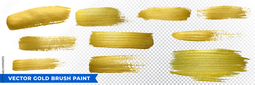 Gold brush paint strokes, vector golden glitter texture smears. Sparkling glow gold paint background and frames for luxury design - obrazy, fototapety, plakaty 