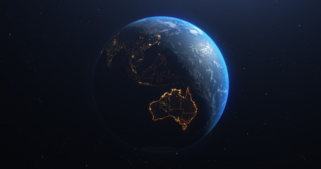 Wall Mural - Australia map outline view from space, globe planet earth, red glow color, elements of this image courtesy of NASA