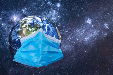 Wall Mural - planet earth in blue medical mask in outer space. global pandemic concept. science fiction. elements
