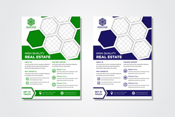 Poster - corporate real estate business company brochure template and flyer design mock up with connected hexagon polygons in green and blue shades as space for photo collage. white background. 