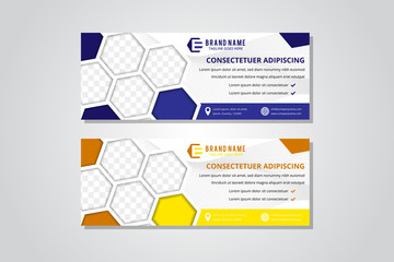 Poster - Vector abstract blue amd yellow horizontal banners with geometric hexagonal background. Hexagon space for photo collage. grey wave line pattern on  white background. 