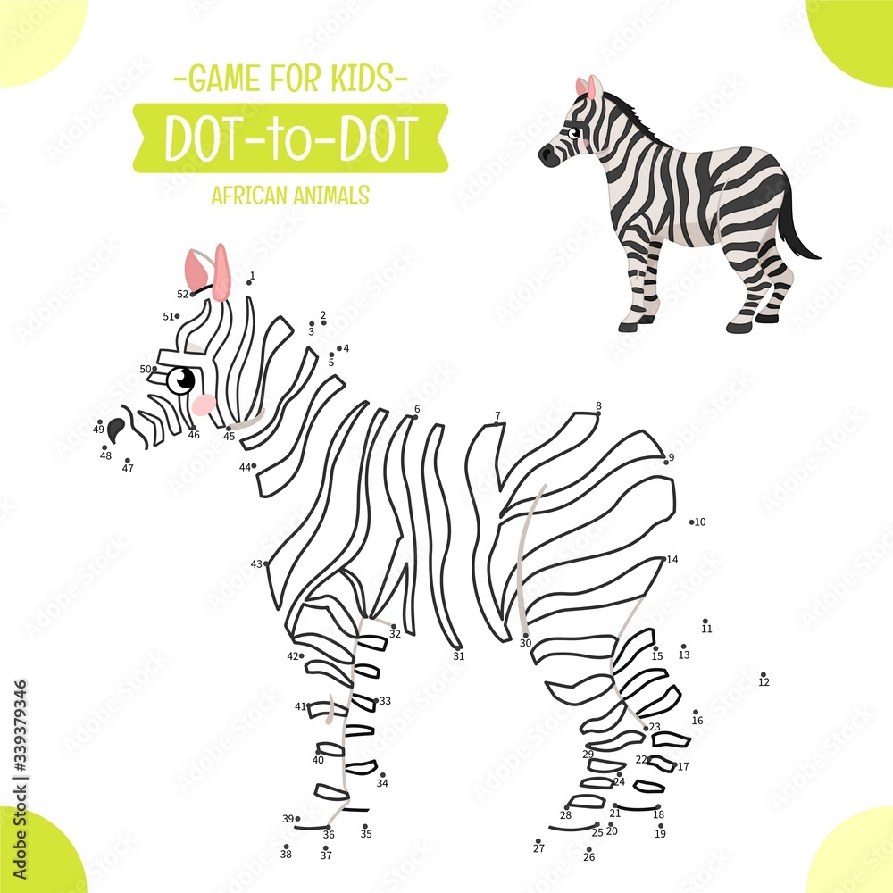 Educational Game For Kids Dot To Dot Game For Children African Animals Cartoon Cute Zebra Fototapety