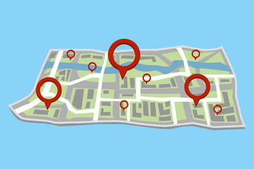 Poster - map with quarters and a river, with red marks in different places. vector illustration.