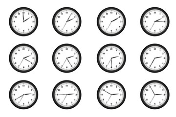 Wall clock twelve pieces with different positions of the hands on the dial. Time from two hours to three hours. Vector illustration.