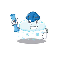 Wall Mural - Cartoon character of snowy cloud brainy Architect with blue prints and blue helmet