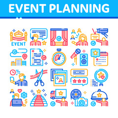 Poster - Event Party Planning Collection Icons Set Vector. Planning Travel And Delivery, Concert And Theater, Calendar, Photo Cards And Stopwatch Concept Linear Pictograms. Color Illustrations
