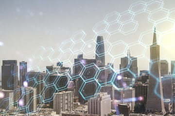 Poster - Double exposure of abstract virtual technology hologram with hexagon on San Francisco city skyscrapers background. Research and development software concept