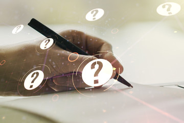 Aufkleber - Double exposure of question mark hologram and man hand writing in notebook on background. Sociology and psychology concept