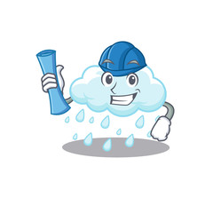 Poster - Cartoon character of cloudy rainy brainy Architect with blue prints and blue helmet