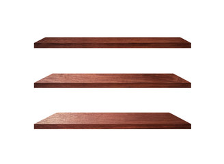 3 Retro wood shelves isolated on white background with copy space and clipping path for work