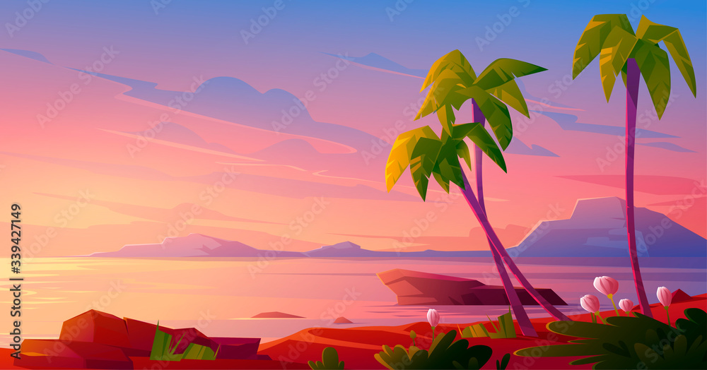 Sunset or sunrise on beach, tropical landscape with palm trees and beautiful flowers on seaside under pink cloudy sky. Evening or morning idyllic paradise, island in ocean, Cartoon vector illustration - obrazy, fototapety, plakaty 