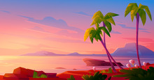 Sunset Or Sunrise On Beach, Tropical Landscape With Palm Trees And Beautiful Flowers On Seaside Under Pink Cloudy Sky. Evening Or Morning Idyllic Paradise, Island In Ocean, Cartoon Vector Illustration