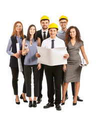 Poster - Group of young architects on white background