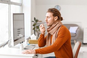 Sticker - ill young man with inhaler at workplace