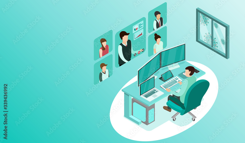 Man working with pc at his work desk with video conference, Working from home, Outside window is virus cells, programmer, business analysis, designer, freelancer, Isometric COVID-19 vector. - obrazy, fototapety, plakaty 