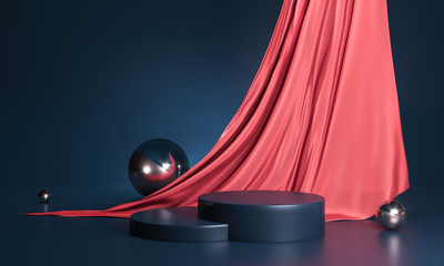 round podium on dark blue background. elegant red silk fabric flow, falls to surface. 3d render illu