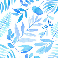  watercolor seamless pattern with blue floral motifs