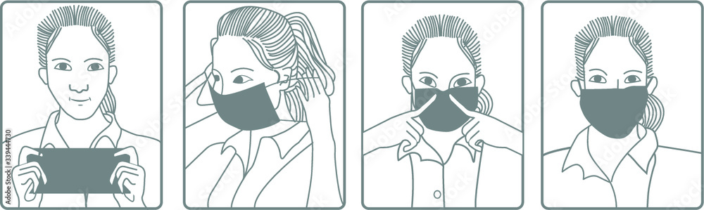 Illustration of how to wear medical mask. Flat design illustration. Pictogram. - obrazy, fototapety, plakaty 