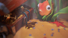 Goldfish Hiding Underwater In Seaweed. Little Funny Fish With Big Eyes In Deep Ocean. Open Wooden Treasure Chest With Gold Coins Goblet, Pearl Beads Standing On Sand With Red Starfish. 3d Illustration