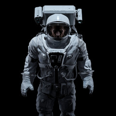 Sticker - Dark astronaut portrait / 3D illustration of male science fiction moodily lit astronaut isolated on black background