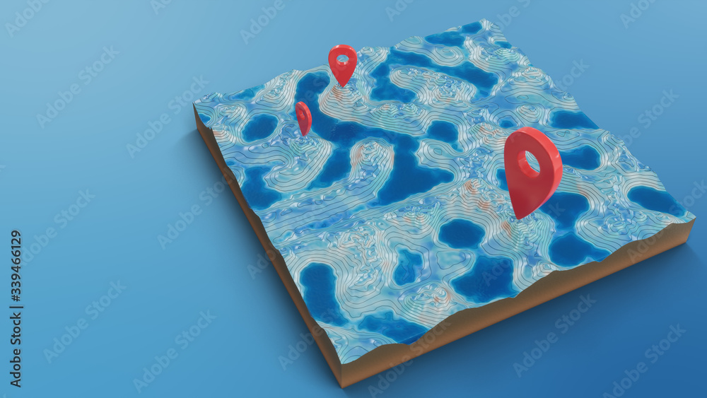 3d rendering Slice 3d map with rivers and lakes, red point markers on ...