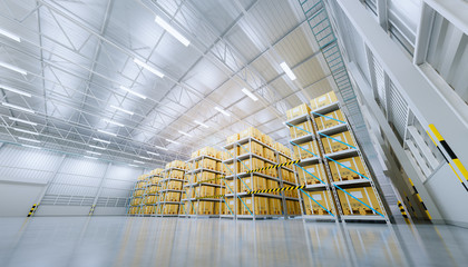 Wall Mural - Warehouse or industry building interior. known as distribution center, retail warehouse. Part of storage and shipping system. Included box package on shelf, empty space and concrete floor. 3d render.