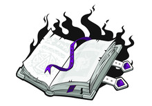 Magic Wizard Open Book With Magic Fire. Isolated Over White Background.  Vector Illustration. Magical Reading Logo. Fairytale Pictogram. A Sign Of The Power Of Knowledge.