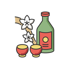 Sticker - Sake RGB color icon. Japanese rice wine and sakura branch. Korean soju drink with two mugs. Asian liquor in bottle with shot cups. Alcohol beverage in glass. Isolated vector illustration