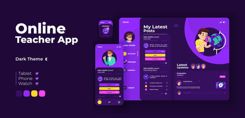 Canvas Print - Online teacher app screen vector adaptive design template. Remote education, e learning application night mode interface with flat character. Tutor account smartphone, tablet, smart watch cartoon UI